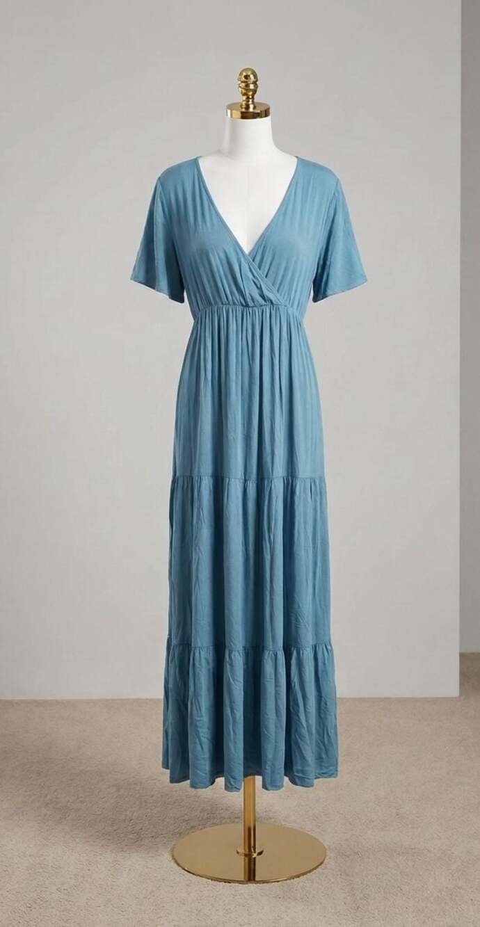 Size Medium Coolmee Blue V-Neck Flutter Sleeve Maxi Dress with sewn on Belt